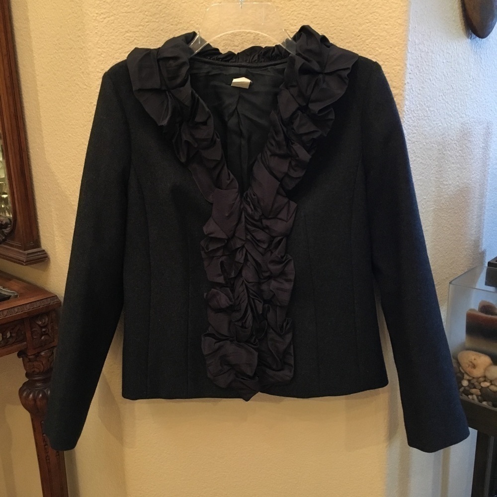 J. CREW Women Charcoal Dark Gray 100% Wool Silk Jacket With Ruffle Size 6